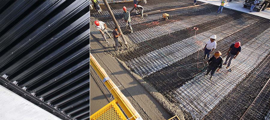 Close up of Rhino-Dek® (Left) Concrete pour on construction site (Right)