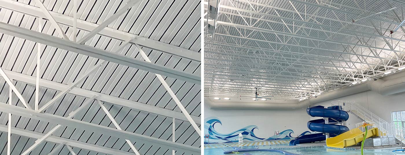 Close up of Dovetail Roof Deck on right. Merriam Natatorium on the left